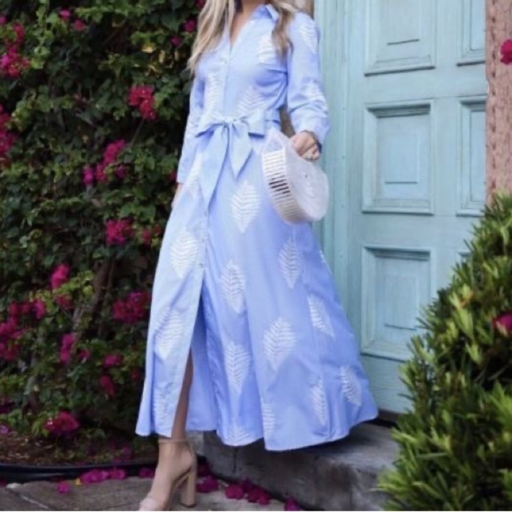 Zara Pinstripe Tropical Embroidered Leaf Midi Max Shirt Button Up Blue Dress S